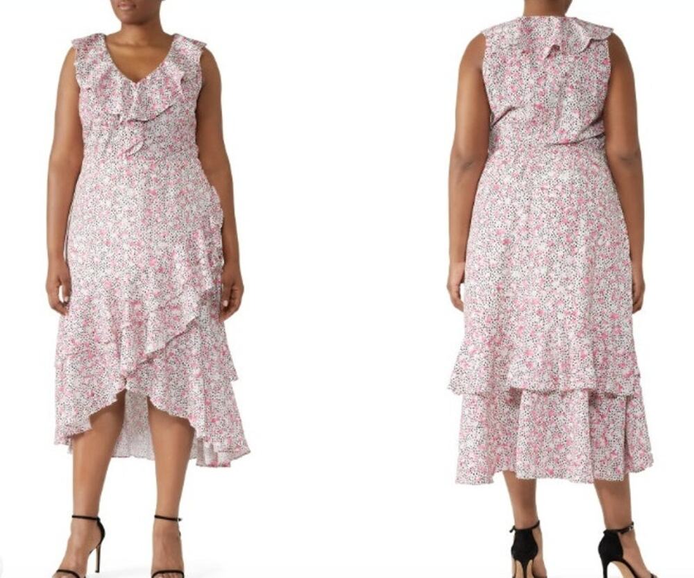 Eloquii Pink Floral Ruffle Sleeveless Asymmetric Midi Dress Size 16